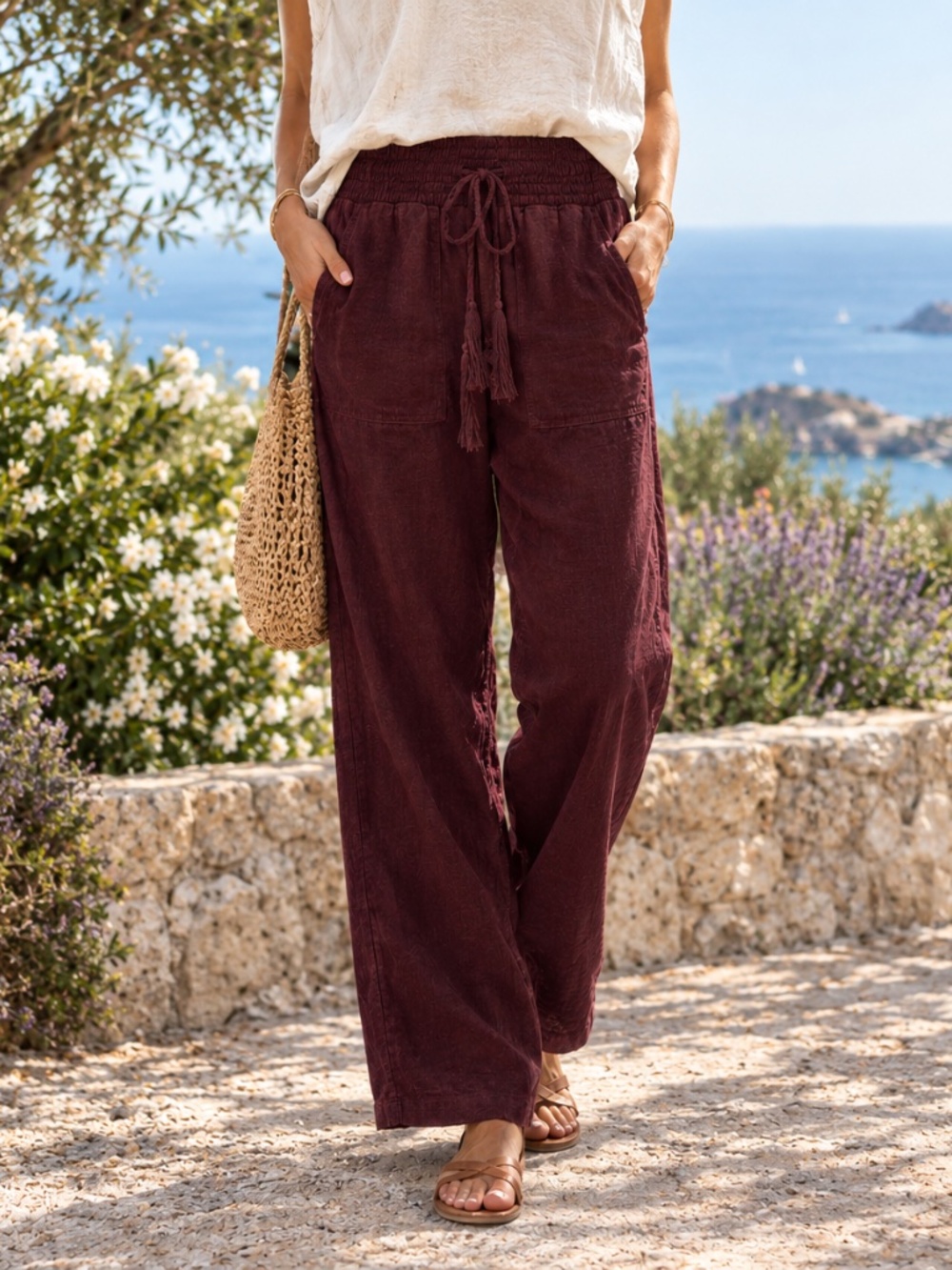 Sky and Sparrow Linen Pants | Burgundy Cherry Wine Maroon | Size XS